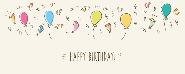 Tarjeta de cumpleaños vectorial dibujada a mano en colores delicados con globos de aire Afiche o pancarta de cumpleaños simple en estilo garabato