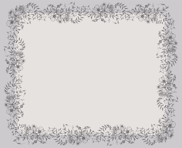 Tarjeta decorativa con borde de bocetos ramitas florales vintage con hojas, flores y zarcillos
