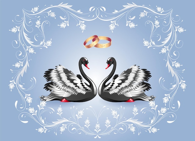 Tarjeta decorativa con dos cisnes y ornamento de lujo y anillos de oro para invitaciones o bodas