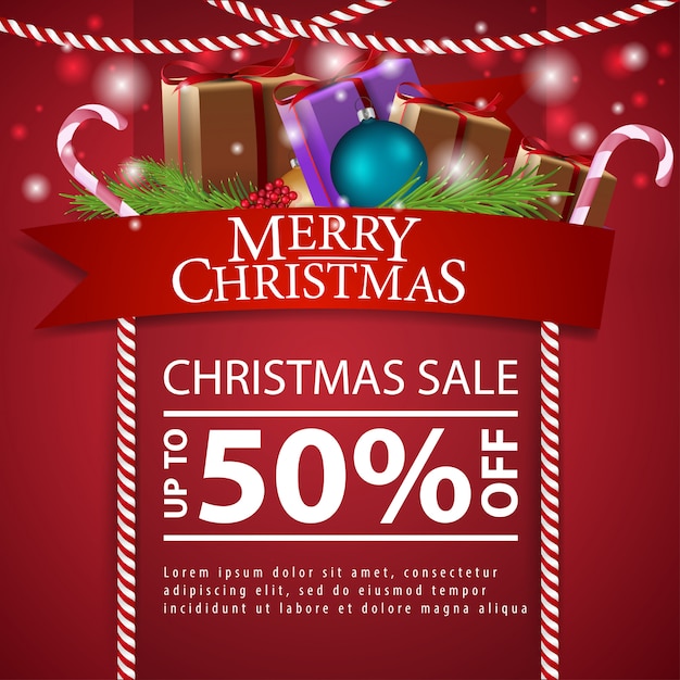 Tarjeta de descuento de Navidad con cinta roja y regalos de Navidad