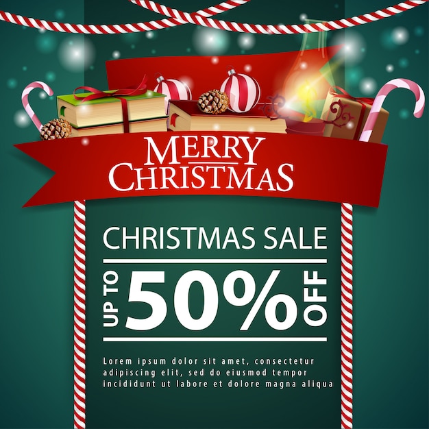 Tarjeta de descuento de Navidad con lazo rojo, libros de Navidad y lámpara antigua.