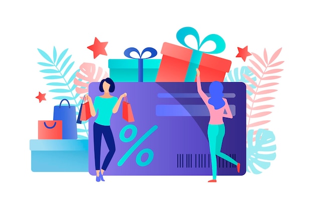 Tarjeta de descuento con signo de porcentaje y chica de compras Ilustración vectorial creativa del concepto de ventas con chicas sosteniendo bolsas Carácter plano para un banner publicitario o volante