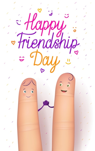 Vector tarjeta del día de la amistad feliz cartel de la gente del dedo realista tarjeta de felicitación increíble sorpresa divertida para una ocasión importante ilustración de vector de estilo plano sobre fondo blanco vertical