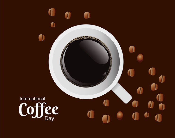 Vector tarjeta del día internacional del café con taza de café y diseño de ilustración de vector de vista aérea de granos