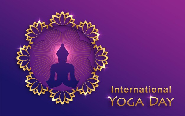 Tarjeta del día internacional del yoga con símbolos de bouddha y elementos espirituales con estilo de corte de papel dorado sobre fondo de color para este feliz día espiritual traducir om