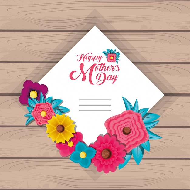 Vector tarjeta del día de la madre feliz con flores y marco cuadrado