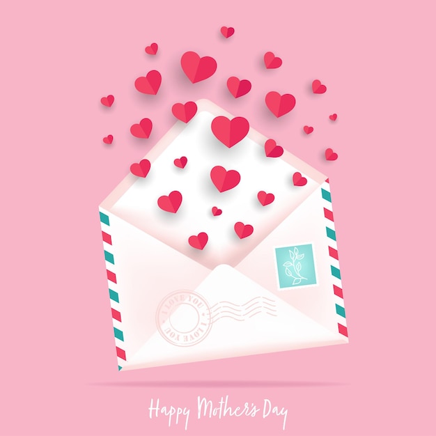 Tarjeta del día de la madre feliz Sobre con corazones cortados en papel Ilustración de vector lindo