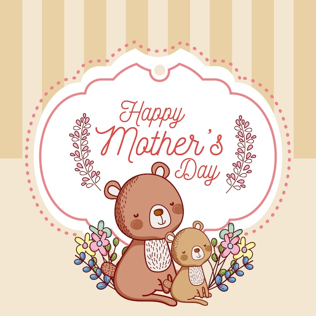 Tarjeta del día de las madres felices con dibujos animados de animales lindos