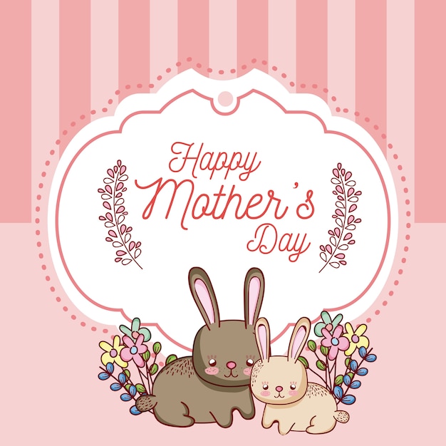 Tarjeta del día de las madres felices con dibujos animados de conejos lindos