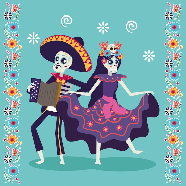 Tarjeta dia de los muertos con mariachi tocando acordeón y catrina