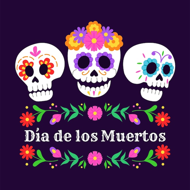 Tarjeta del día de muertos con texto en español. calaveras de azúcar mexicanas con decoración floral.