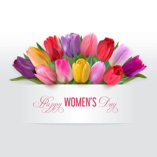 Tarjeta del día de la mujer con coloridos tulipanes bajo tarjeta de papel horizontal sobre un fondo claro