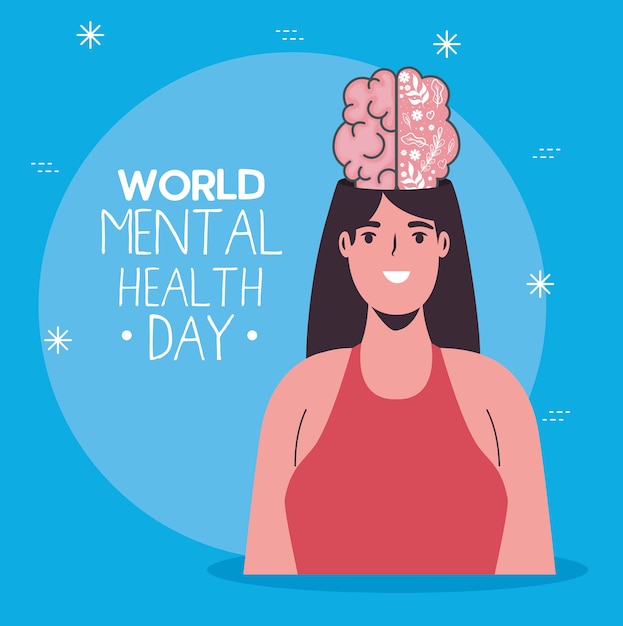 Tarjeta del día mundial de la salud mental con cerebro en mujer