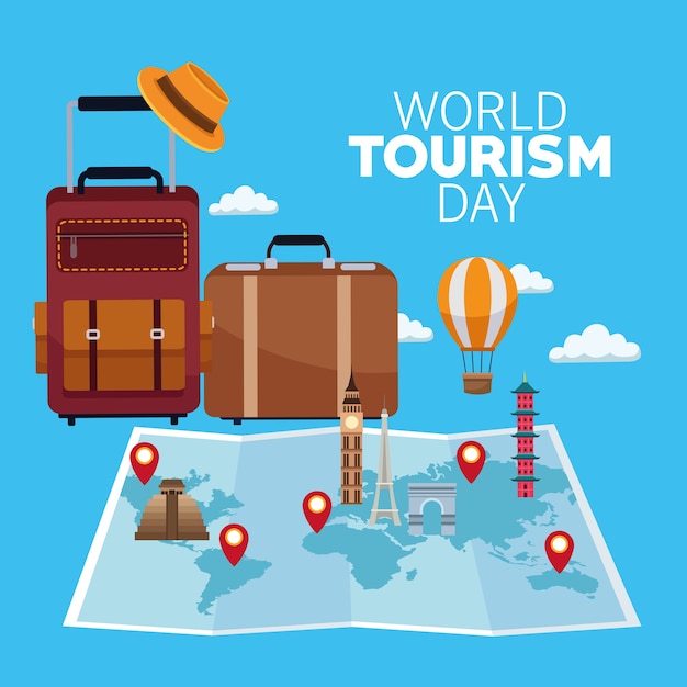 Tarjeta del día mundial del turismo con mapa de papel y maletas, diseño de ilustraciones vectoriales