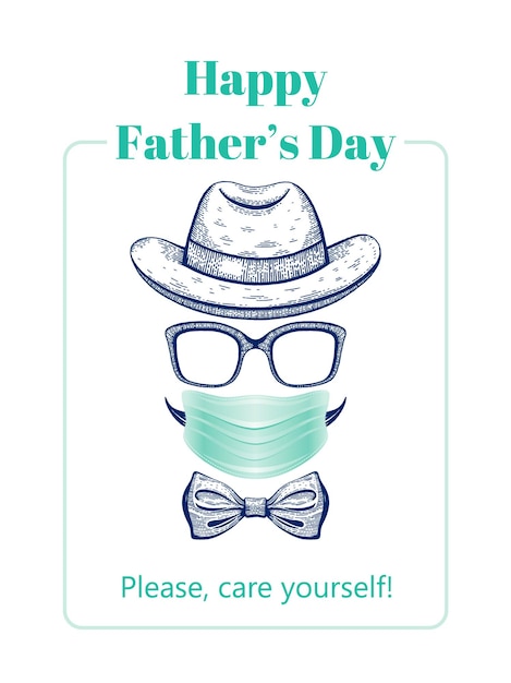 Tarjeta del día del padre feliz con cara de papá vintage en máscara quirúrgica para protección contra coronavirus covid con lema cuídate dibujo de boceto fresco con tipografía elegante aislado sobre fondo blanco