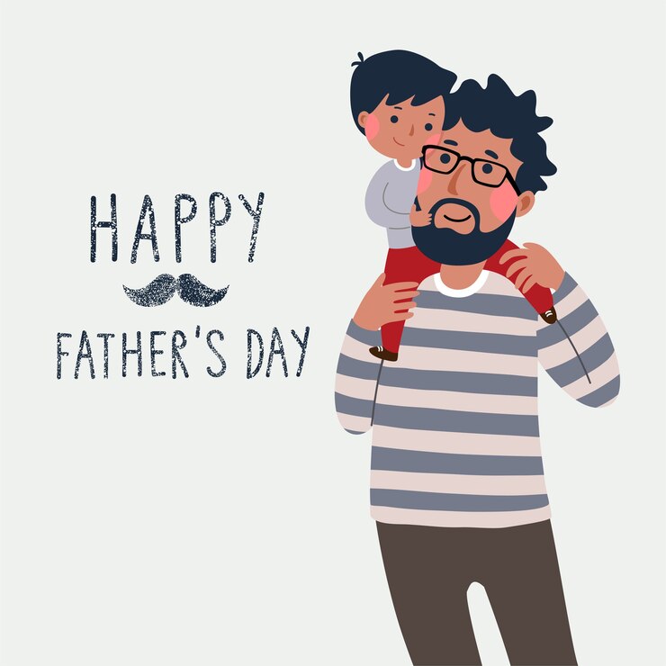 Vector tarjeta del día del padre feliz. niño lindo en el hombro de su padre.