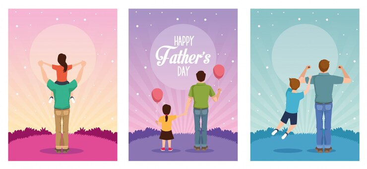 Tarjeta del día del padre con personajes de papá y niños