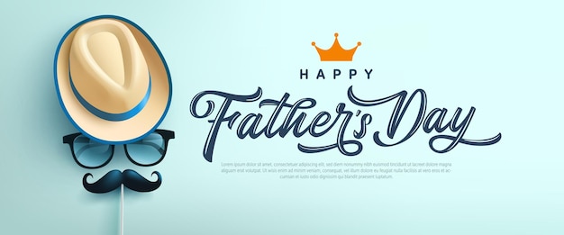 Vector tarjeta del día del padre con símbolo de sombrero, gafas y bigote. saludos y regalos para el día del padre en plano.