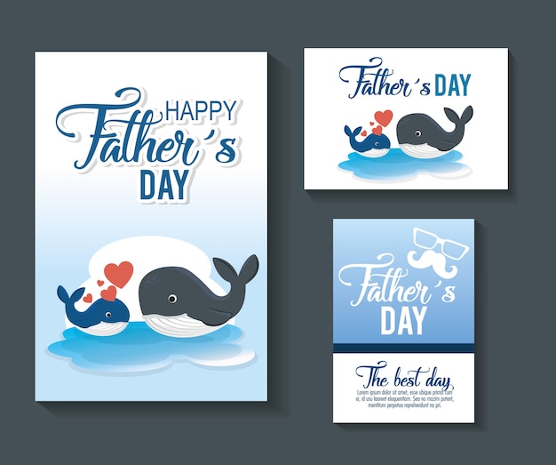 Tarjeta del día de padres feliz con diseño de ilustración de vector de ballena