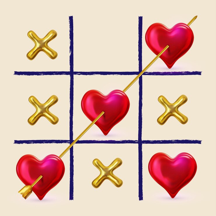 Vector tarjeta del día de san valentín 3d render ilustración vectorial del juego de tres en raya con corazones plantilla de juego símbolo de ceros y cruces en estilo moderno plantilla de banner de tarjeta de invitación de postal romántica