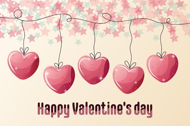 Vector tarjeta del día de san valentín feliz corazones de color rosa brillante en una cadena estrellas titilantes ilustración vectorial