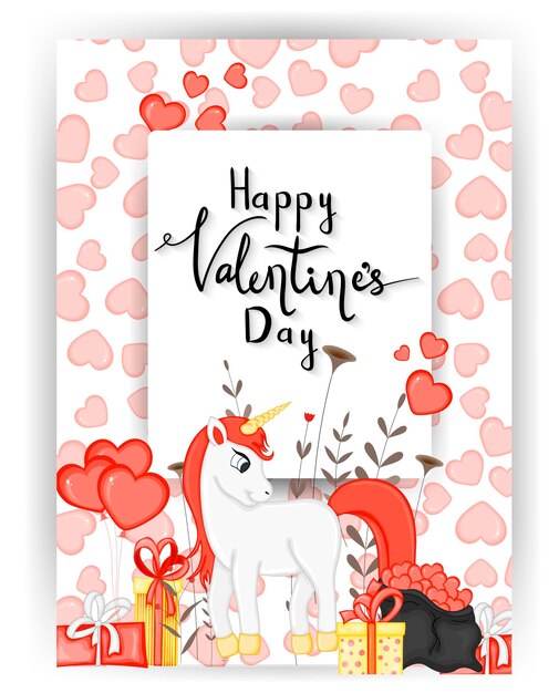 Tarjeta del día de san valentín con lindo unicornio estilo de dibujos animados ilustración vectorial