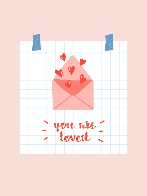 Tarjeta del día de San Valentín vectorial. Linda carta de diseño de dibujo a mano plana con corazones. eres amado amor