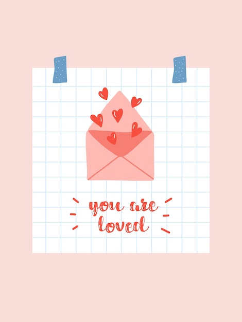 Tarjeta del día de san valentín vectorial. linda carta de diseño de dibujo a mano plana con corazones. eres amado amor