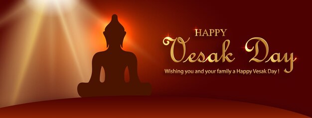Tarjeta del Día de Vesak feliz con símbolos de bouddha y elementos asiáticos orientales con estilo de corte de papel dorado sobre fondo de color para saludar