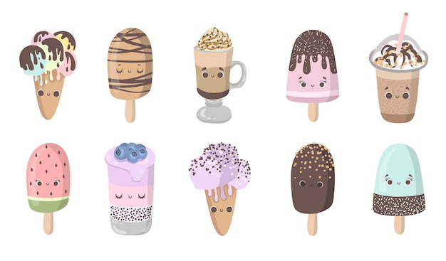 Tarjeta de dibujos animados de vector de verano con ilustración de personaje de helado divertido con emoción