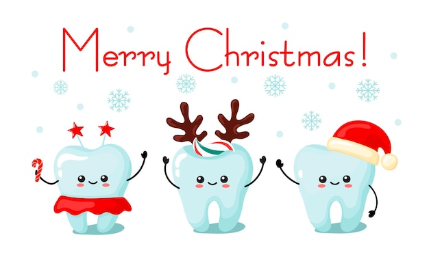 Tarjeta dientes kawai navidad. estilo de dibujos animados