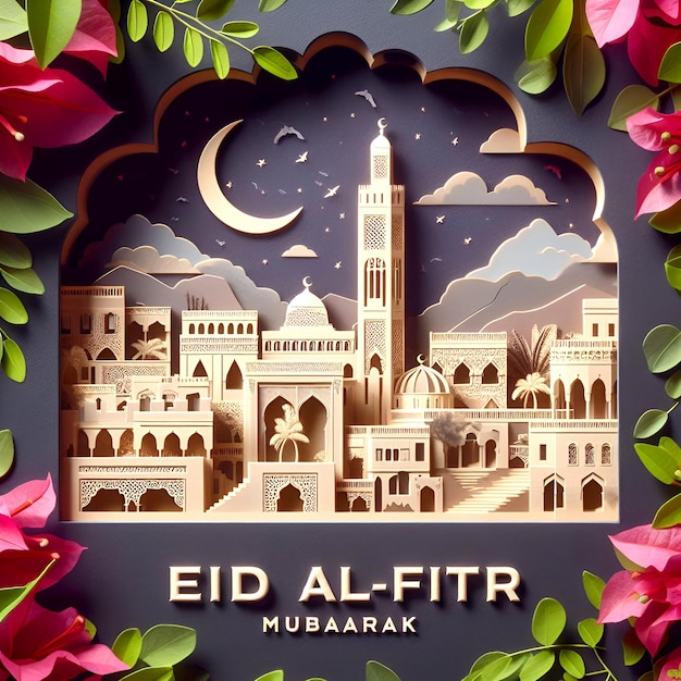 Tarjeta digital de eid al-fitr mubarak con un tema marroquí