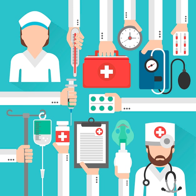 Tarjeta de diseño plano de atención médica con médico y enfermera Ilustración vectorial