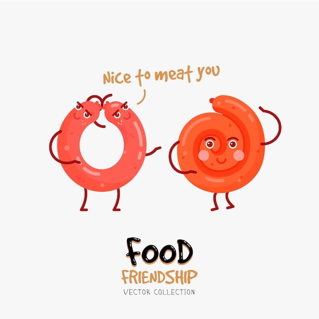 Tarjeta divertida con la amistad de salchichas. Ilustración de comida rápida.