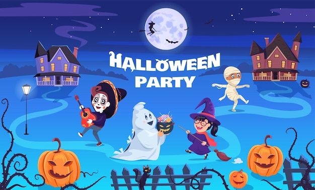 Tarjeta divertida del ejemplo de la historieta de los niños de la fiesta de halloween