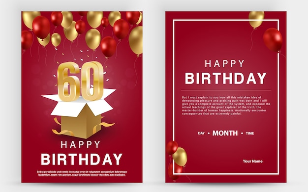 Tarjeta doble de invitación de vector para la celebración del 60 cumpleaños Folleto de la celebración del 60 aniversario
