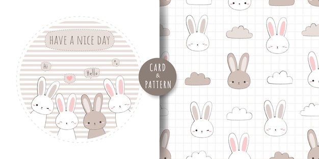 Tarjeta de doodle de dibujos animados lindo conejo conejito y paquete de patrones sin fisuras