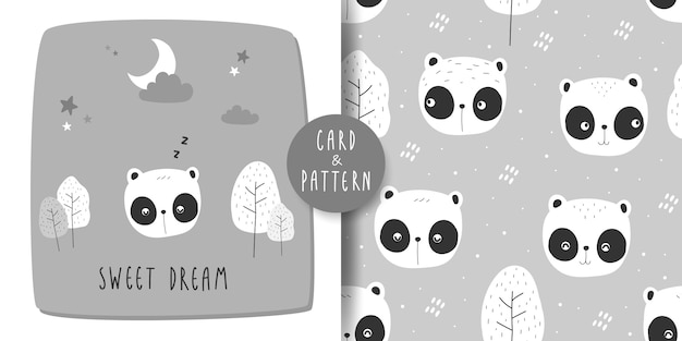 Tarjeta de doodle de dibujos animados lindo oso panda adorable y patrones sin fisuras