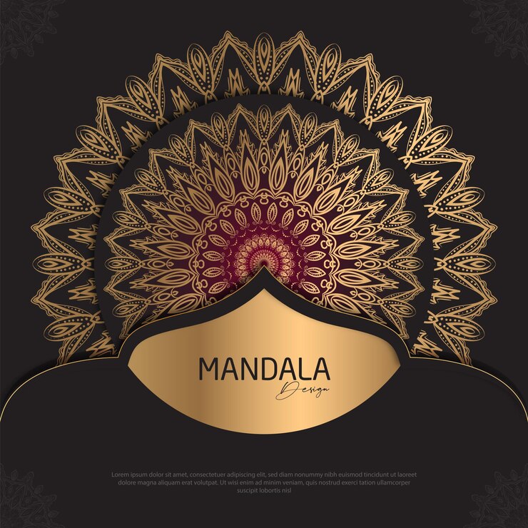 Tarjeta dorada y negra con fondo negro con un mandala dorado.
