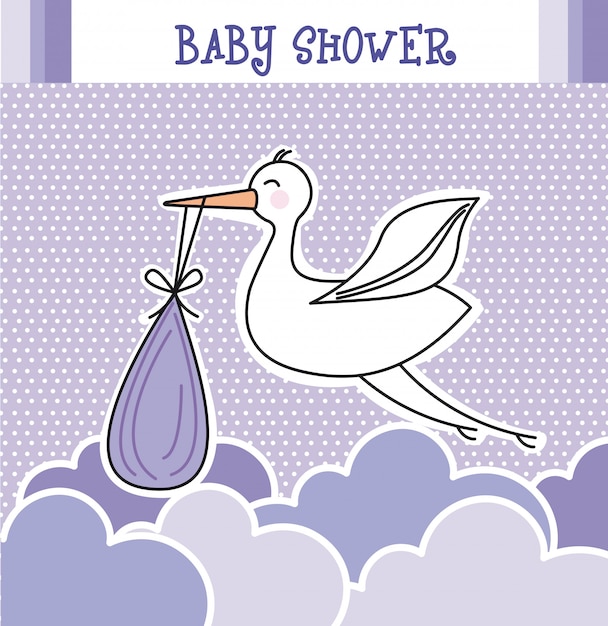 Tarjeta de ducha de bebé violeta con ilustración de vector de cigüeña
