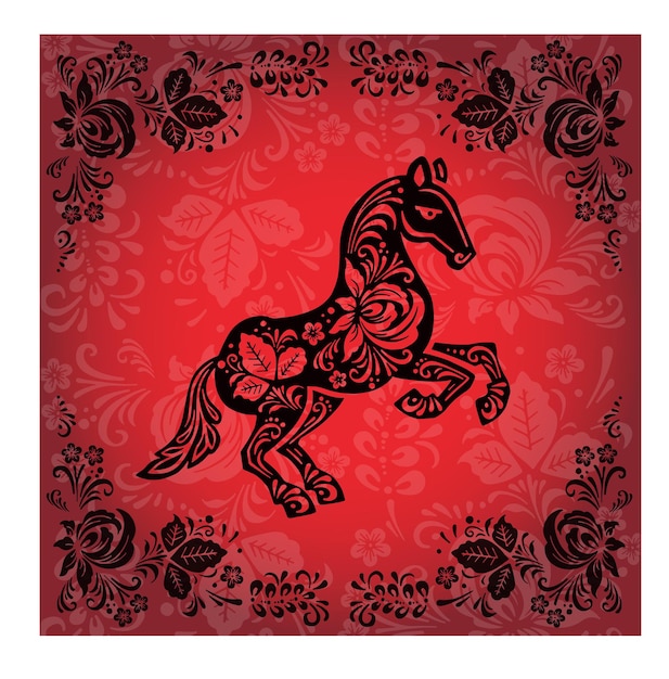 Tarjeta ecuestre de caballos en colores rojo y negro en ilustración vectorial de estilo étnico