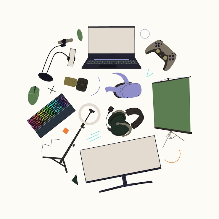 Vector tarjeta con elementos de transmisión de juegos equipo digital para jugar o trabajar concepto tecnología ciberespacial monitor de pc controlador de mouse conjunto de dispositivos profesionales ilustración vectorial