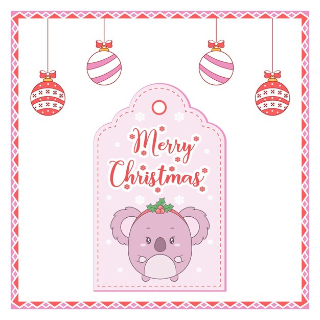 Tarjeta de etiqueta de dibujo de animal lindo feliz Navidad con adornos para colorear y marco de caramelo