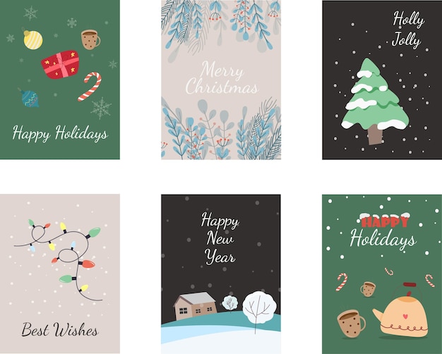 Tarjeta de felices fiestas con elementos navideños, árboles, caja de regalo, luz de té, bayas, Vector