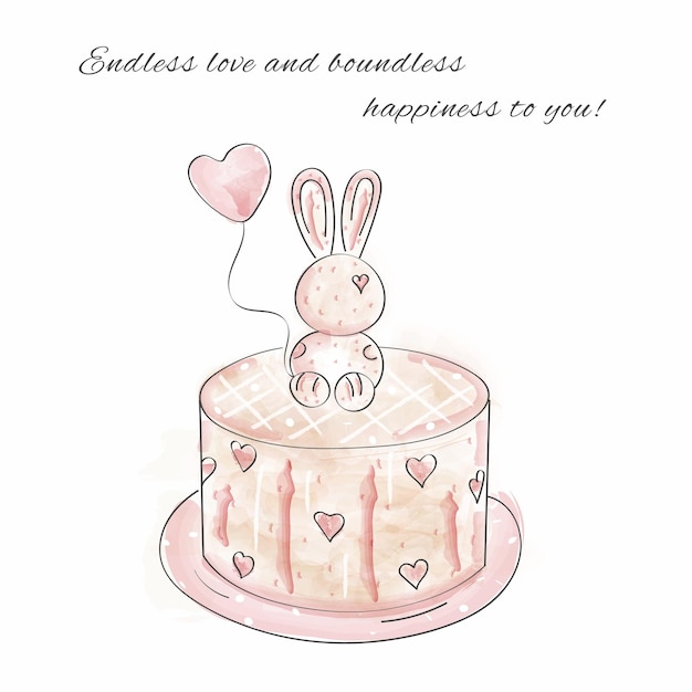 Tarjeta de felices fiestas con la imagen de un pastel y una liebre en estilo garabato