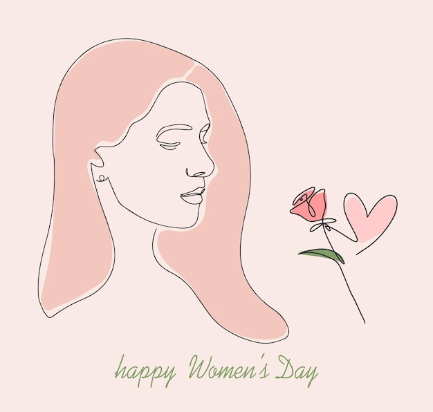 Tarjeta de felicitación para el 8 de marzo, Día Internacional de la Mujer Ilustración de una joven dulce y hermosa y una rosa con un corazón Dibujo de una línea