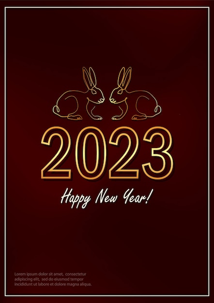 Tarjeta de felicitación A4 con conejos dorados como símbolo del Año Nuevo 2023. Cartel rojo para las vacaciones de Navidad.