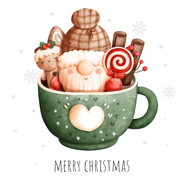 Tarjeta de felicitación de la acuarela de la taza del gnomo de la Navidad