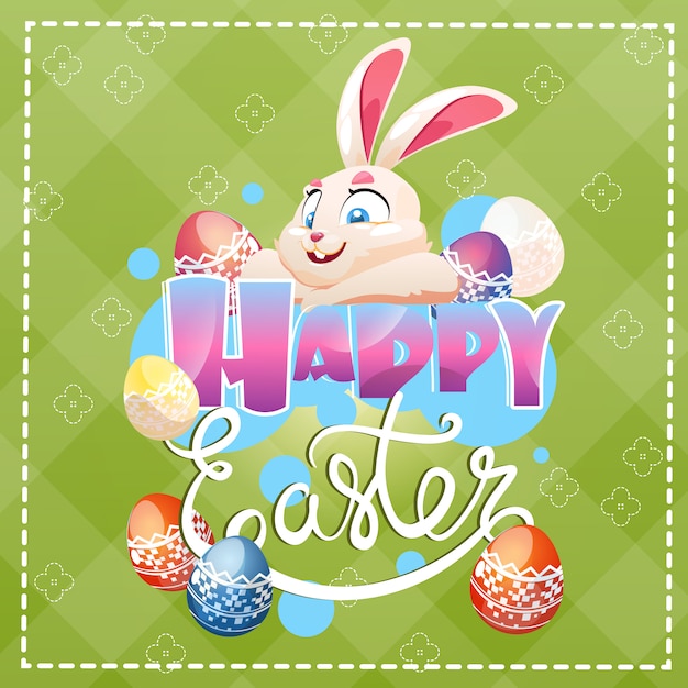 Tarjeta de felicitación adornada de los símbolos del día de fiesta de pascua del conejo de los huevos