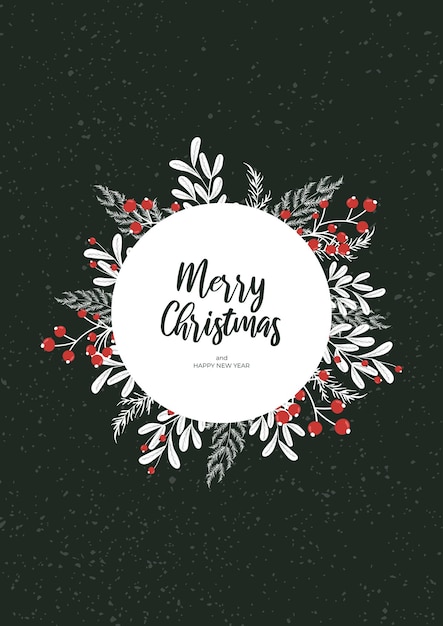Tarjeta de felicitación con adorno botánico de Navidad en marco redondo en una plantilla vectorial de fondo oscuro
